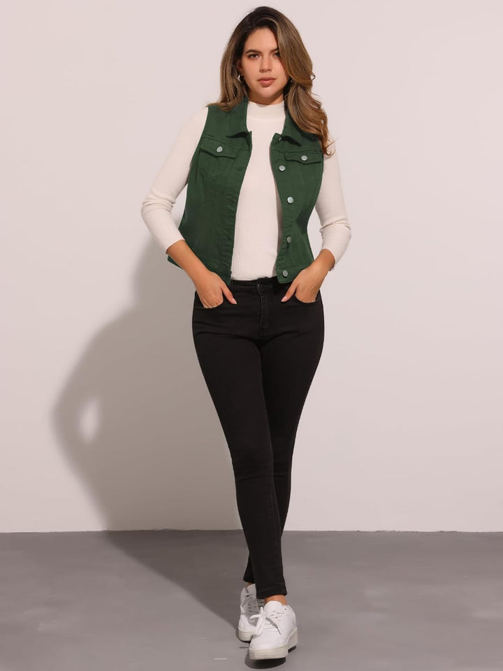 Allegra K Damen Jeansweste Ärmellos Knopfleiste Denim Rever Jacke Westen mit Taschen S Dunkelgrün, S