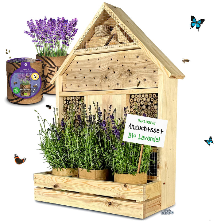 GARTENETAGE Insektenhotel zum Aufhängen mit Pflanzenbalkon Lavendel - inkl. Anzuchtset/Naturbelassen