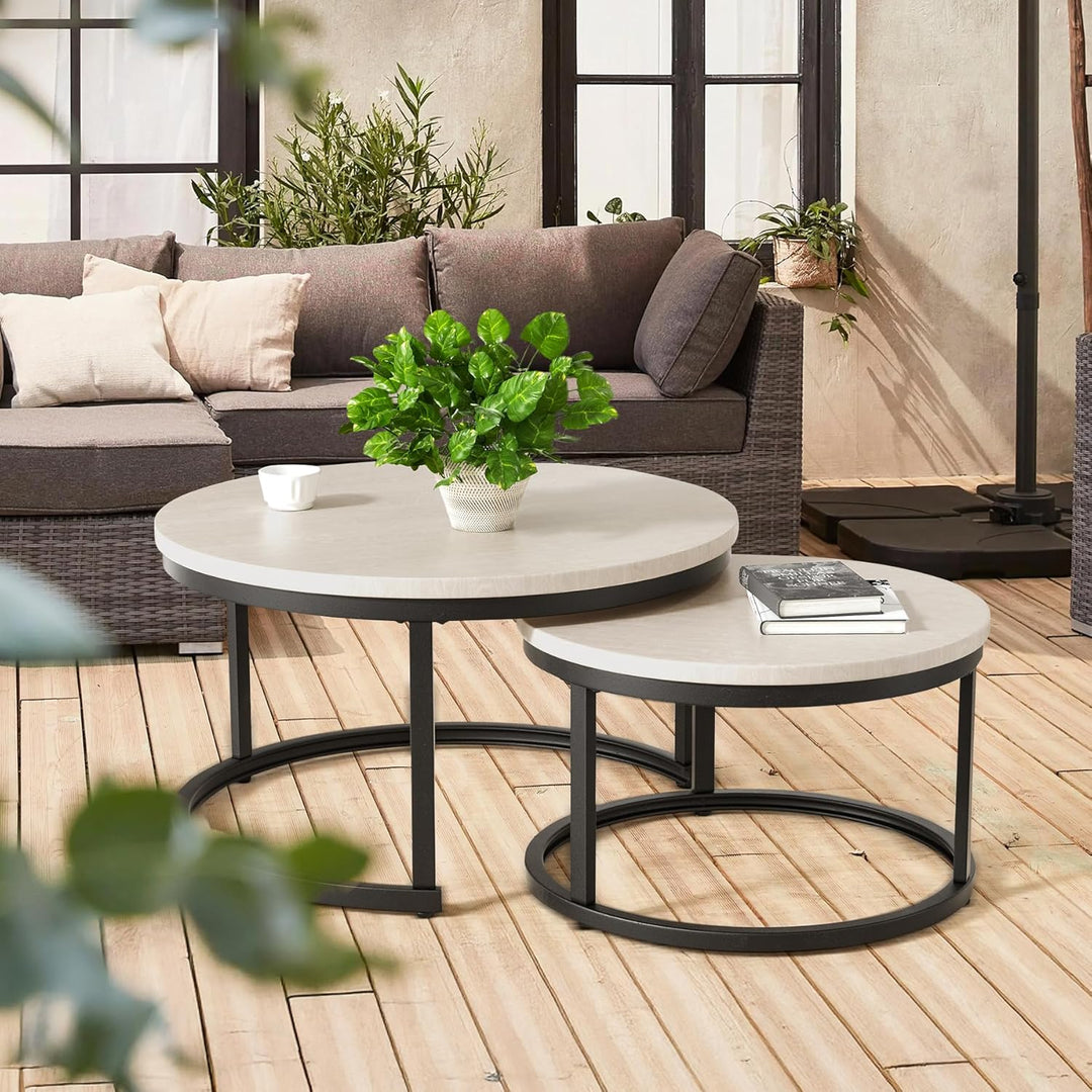 Hawthyhome 2 Stücke Beistelltisch Set rund, Couchtisch aus Holz mit Metallrahmen,Moderne Kaffeetisch