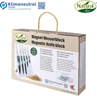 Natural Line® Edelstahl-Messer-Set, 5-tlg, mit klappbarem Magnet-Messerblock, mit Griffen mit Stroh