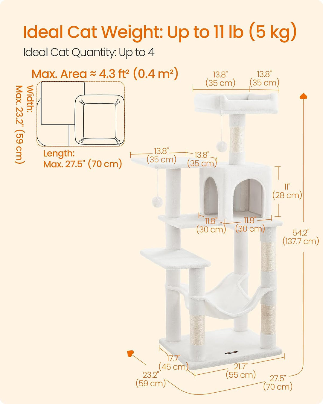 Feandrea Katzenkratzer 140 cm, plüschige mehrstöckige Wohnung mit 4 Kratzen, 2 Becken, Hängematte, H