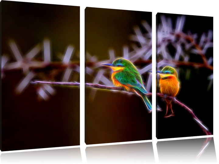 Dark farbenfrohe exotische Vögel auf Ast NewArt 3-Teiler Leinwandbild 120x80 Bild auf Leinwand, XXL