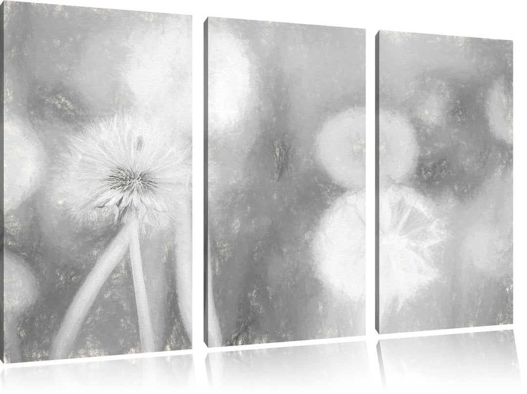 Pixxprint Romantische Pusteblumen Kohle Zeichnung Effekt 3-Teiler Leinwandbild 120x80 Bild auf Leinw