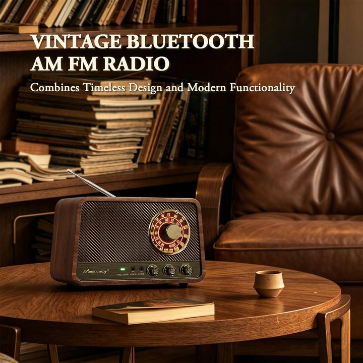 Retro-Tisch-FM-Radio mit Bluetooth-Lautsprecher, klassisches Holz-Finish, Wandstecker für Zuhause, B