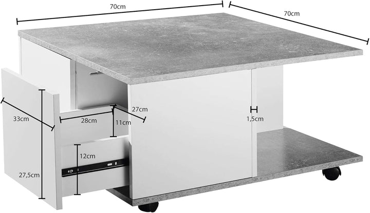 Couchtisch RAPIDO: 70x70x36,5 cm, 2 Schubladen, Rollen, Melaminharzbeschichtung, Weiss/Anthrazit Far
