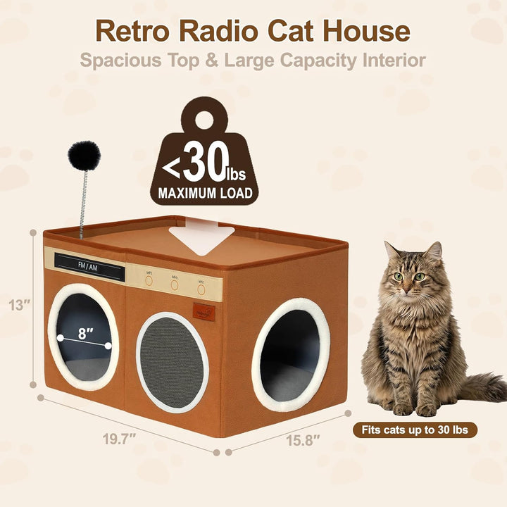 Retro Radio Katzenhaus, Grosses klappbares Katzenbett für Innen | Katzenhöhle mit Kratzbrett &amp; biegb