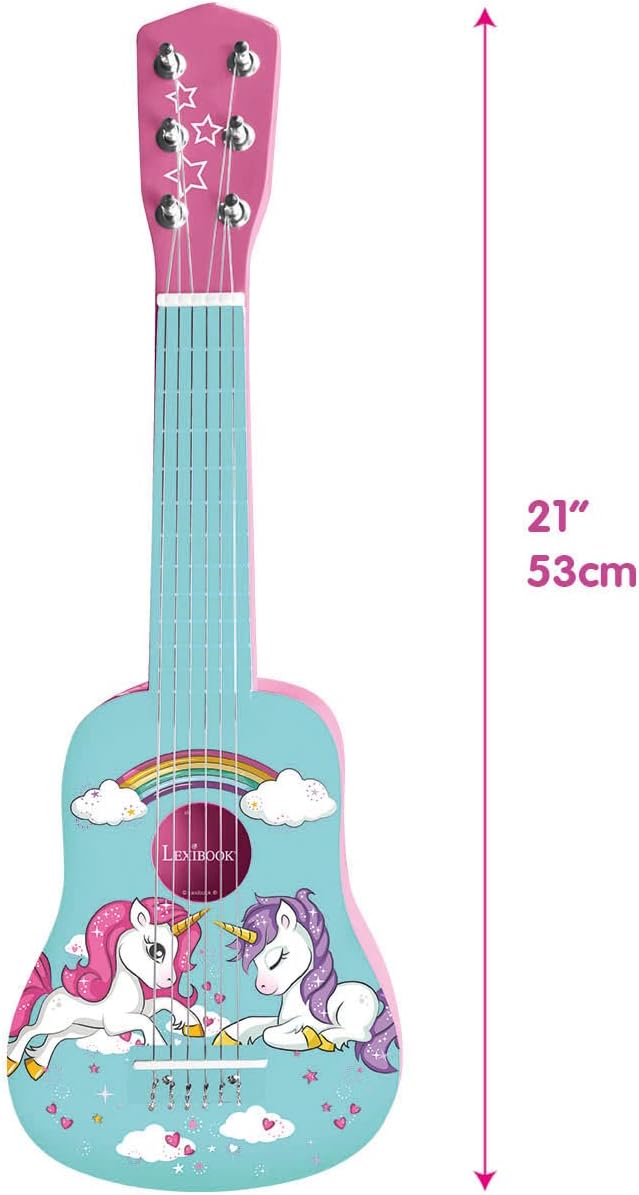 LEXIBOOK K205UNI erste Gitarre aus Holz Einhorn, 6 Saiten, 53 cm, inkl. Anleitung, Rosa/Blau