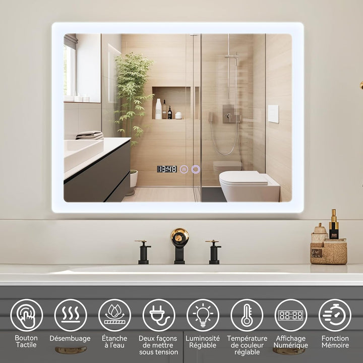 YU YUSING Badspiegel mit Beleuchtung 70x50cm Badezimmerspiegel LED mit 3 Lichtfarben Dimmbar, Beschl