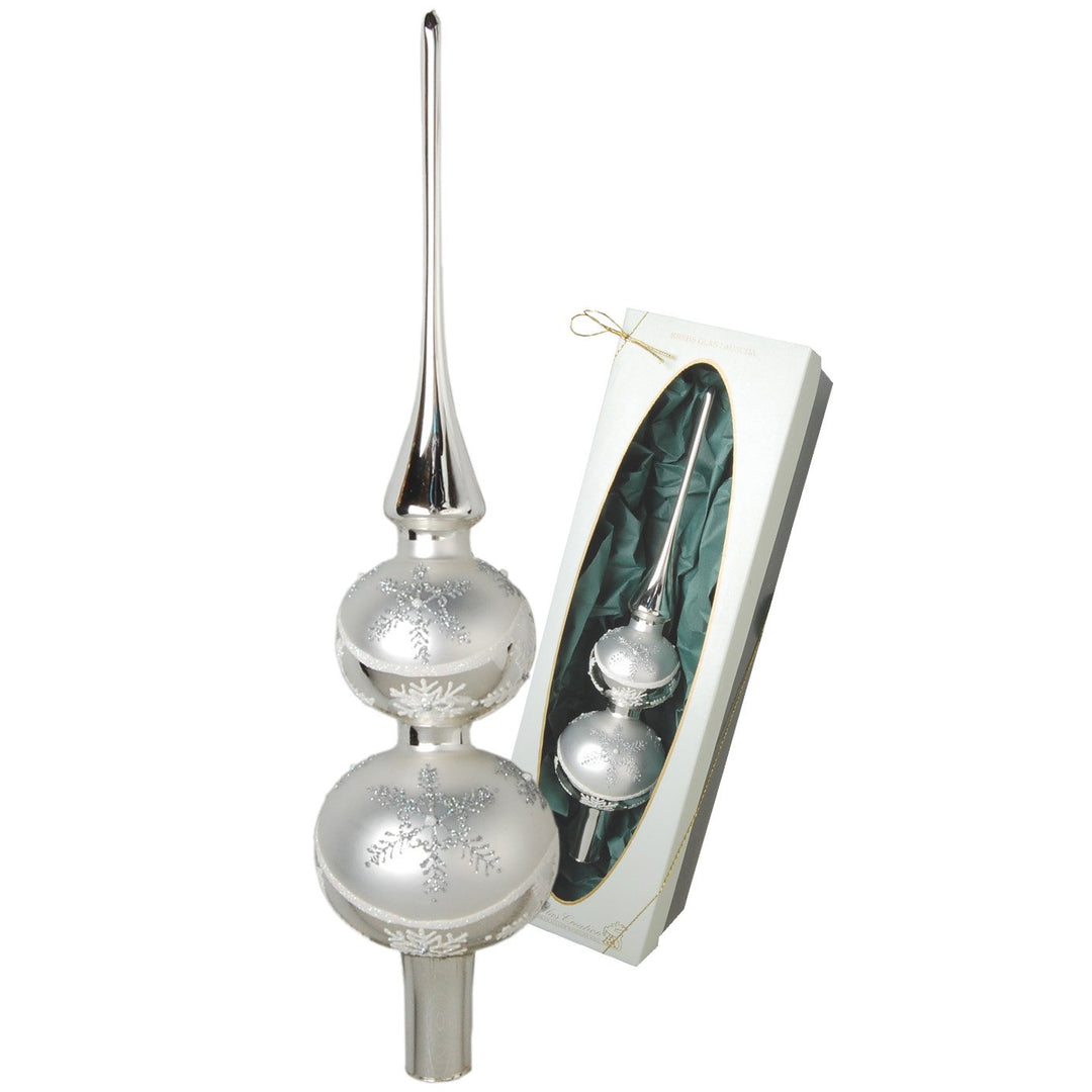 Christbaumspitze Satin Silber glänzend mit Dekor, 30 cm in hochwertiger Geschenkbox Doppelspitze mit