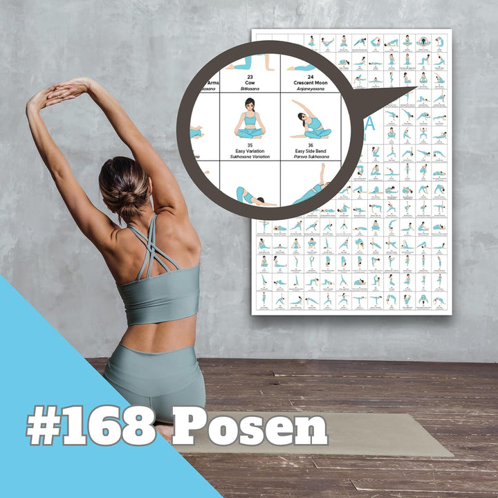 CLEAN SPORTS Yoga Poster DIN A1 mit 168 Asanas und Hatha Posen • Praktisches Asanas Plakat für Übung