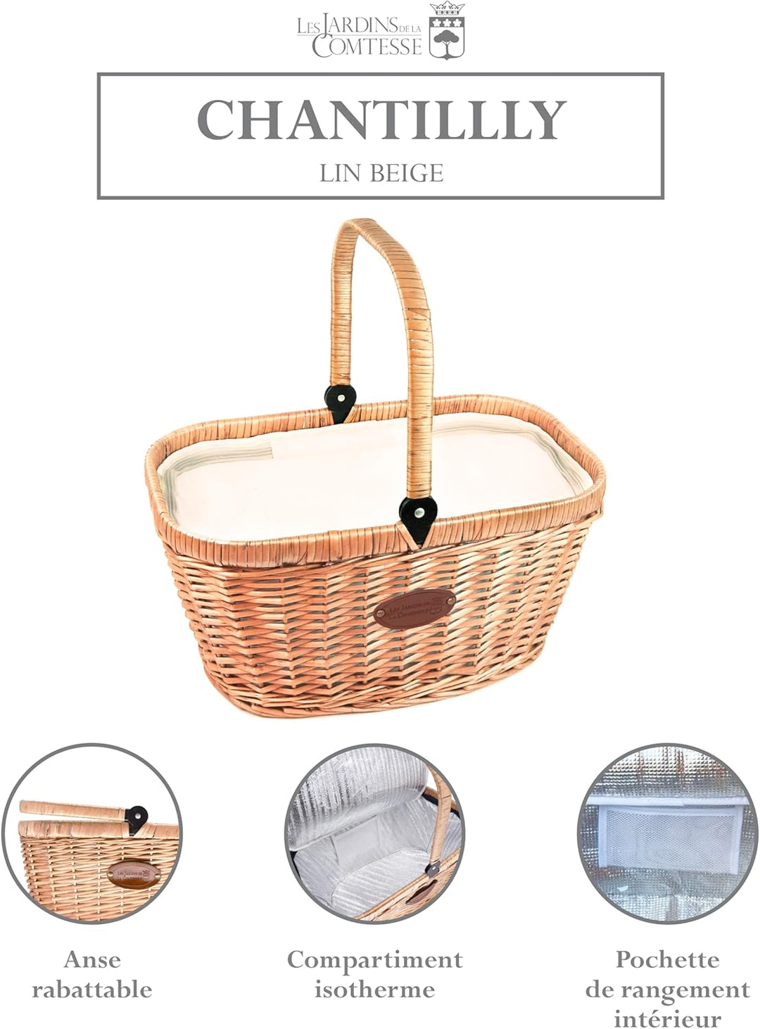 Les Jardins de la Comtesse - Korb Chantilly Leinen aus naturbelassener Weide - cremefarbener Stoff -
