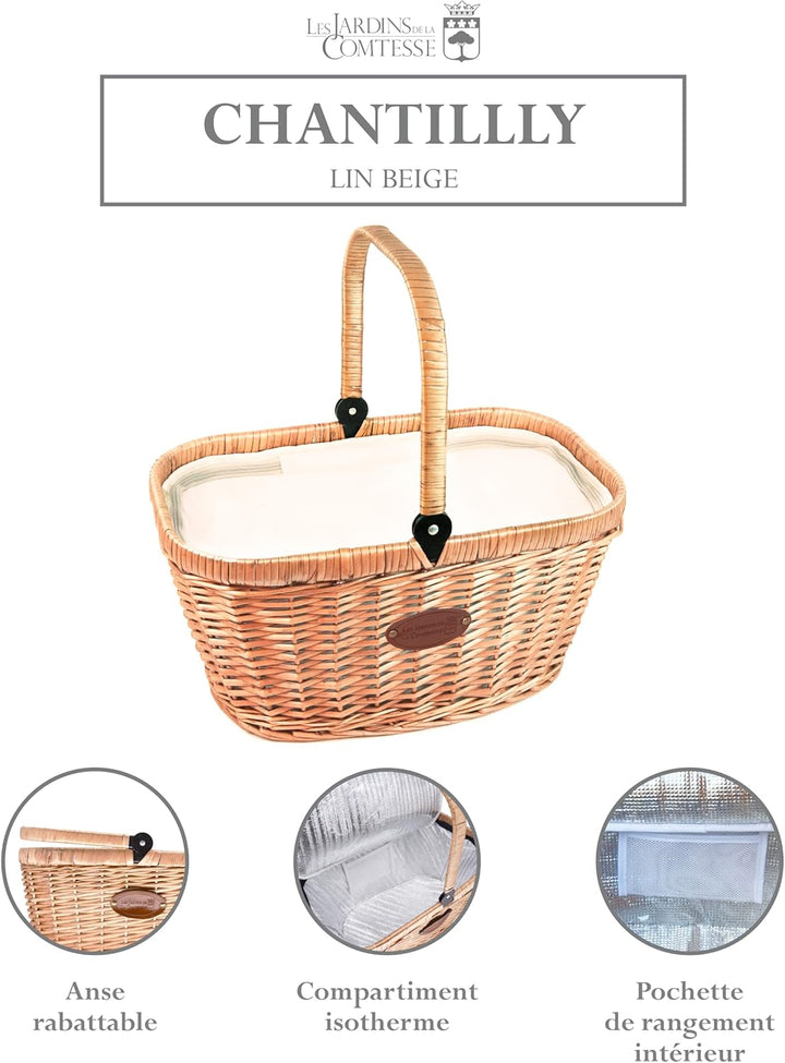 Les Jardins de la Comtesse - Korb Chantilly Leinen aus naturbelassener Weide - cremefarbener Stoff -