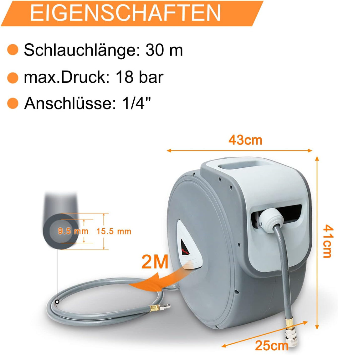 30m Druckluftschlauch 1/4" Anschluss Schlauchtrommel Wandmontage Snap-Funktion Luftschlauch Trommel