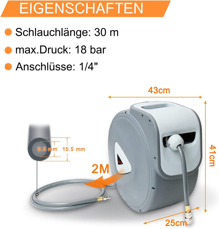 30m Druckluftschlauch 1/4" Anschluss Schlauchtrommel Wandmontage Snap-Funktion Luftschlauch Trommel