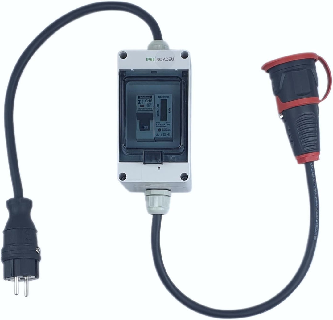 RoadEu - Schuko Adapter Komplett mit Zähler - Stecker 230V 16A auf Schuko Kupplung 230V - 3x2 5mm2 K