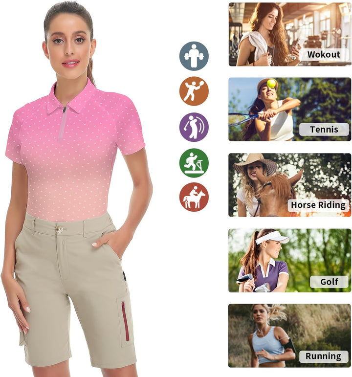 Soneven Atmungsaktiv Poloshirt Damen Leichtes Sportshirt Tailliert Karierte Bluse UPF 50+ Kurzarm 1/