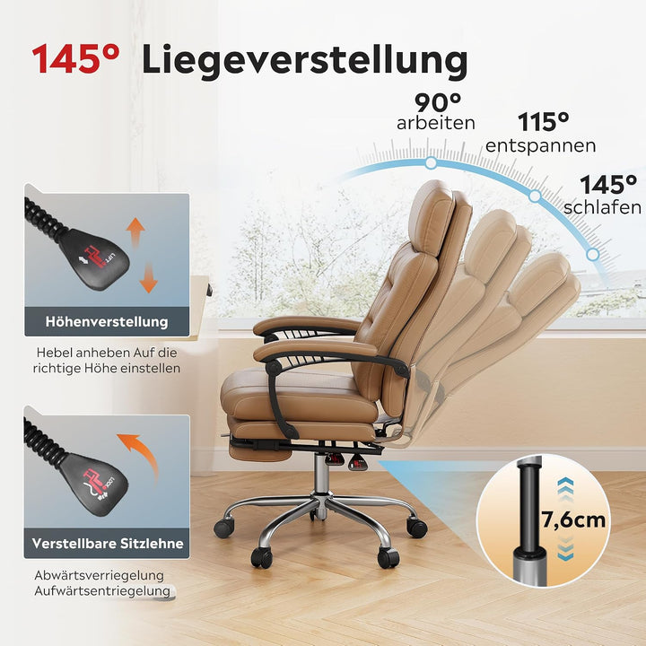 DEVAISE Chefsesse PU Leder: Bürostuhl Ergonomisch mit Fussstütze und Lendenwirbelstütze, Wippfunktio