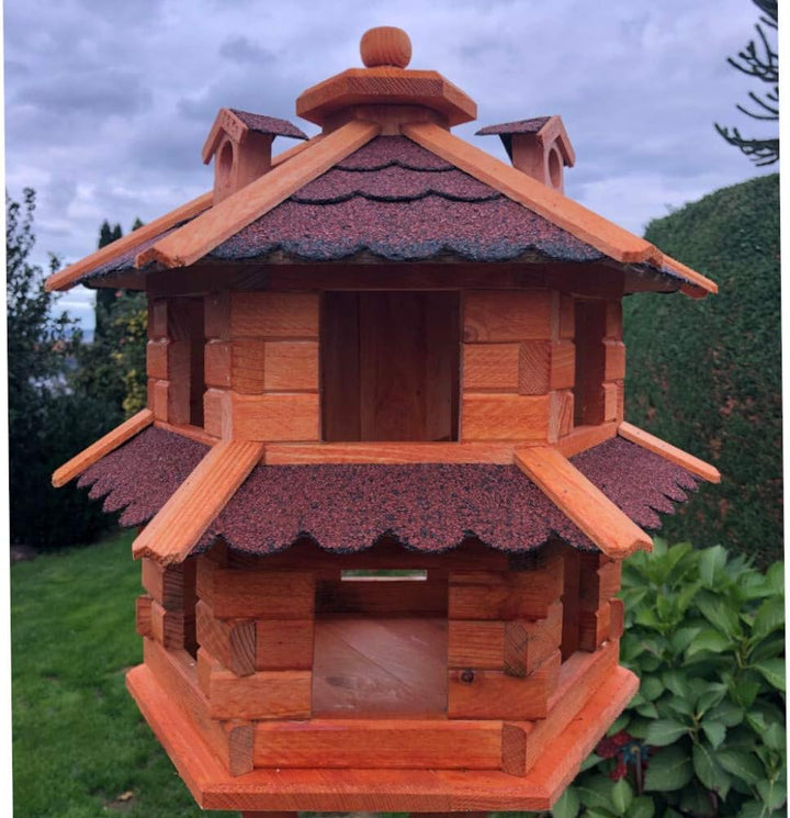 Vogelvilla wetterfest von L bis XL Futterhaus Vogelhaus mit oder ohne Ständer in Braun mit Rot, Grün