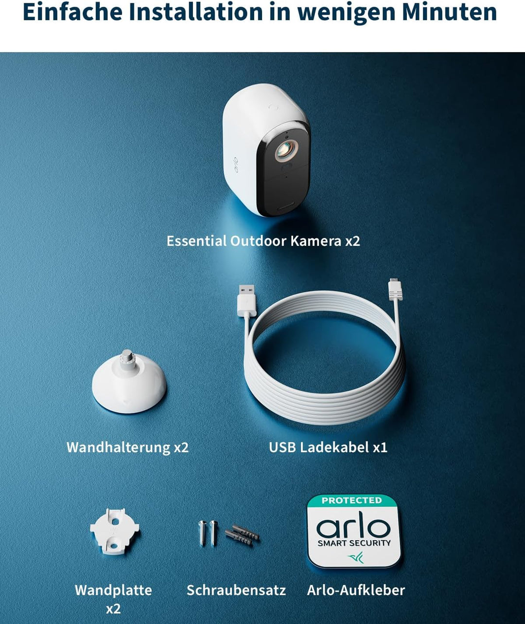 Arlo Essential 3 HD Akku Überwachungskamera Aussen WLAN, Kabellos, 1080p Video, Farbnachtsicht, Lich