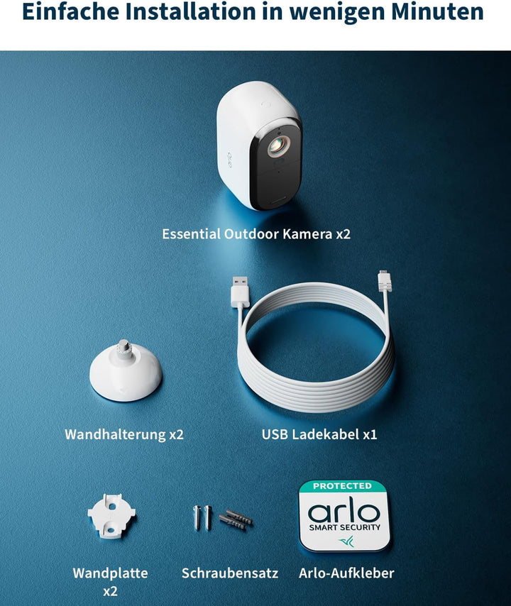 Arlo Essential 3 HD Akku Überwachungskamera Aussen WLAN, Kabellos, 1080p Video, Farbnachtsicht, Lich