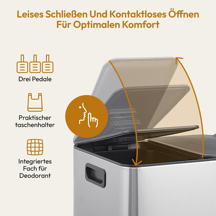 CASABEL Mülleimer Küche 60 L - Mülltrennsystem 3 x 20 L aus Rostfreiem Edelstahl, Rechteckiger Recyc