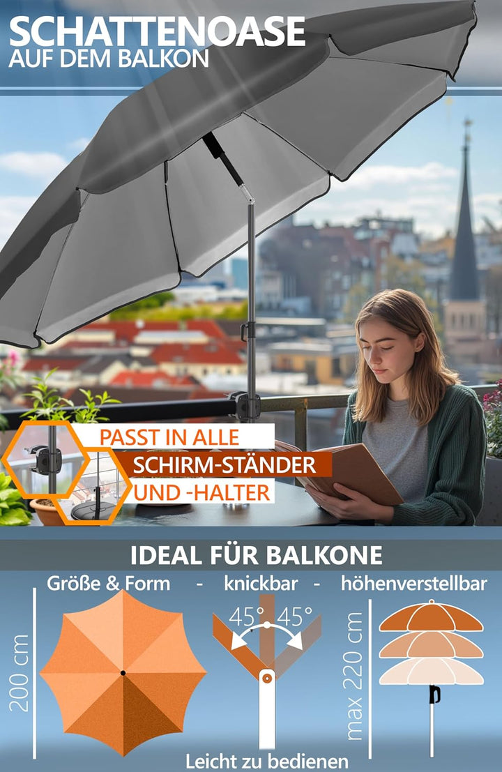 4smile Sonnenschirm Strand SET, Ø 200 cm, Anthrazit | UPF 50+ Sonnenschirm Balkon, inkl. Hülle, Gart