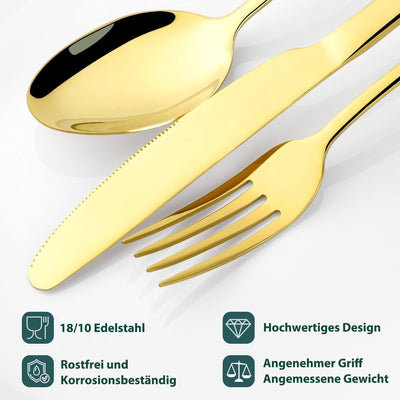 OGORI Besteck Set 8 Personen, 40 teilig Spiegelpolierte Gold Besteckset 18/10 Edelstahl Essbesteck S