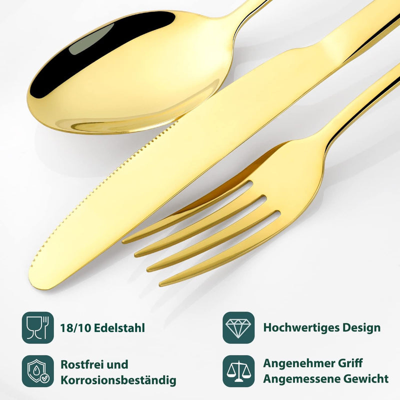 OGORI Besteck Set 8 Personen, 40 teilig Spiegelpolierte Gold Besteckset 18/10 Edelstahl Essbesteck S