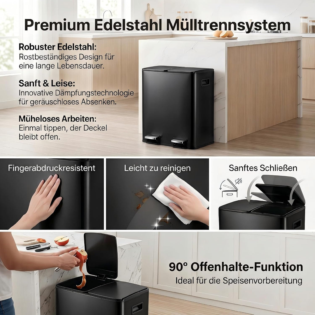 Mülleimer Küche 2 x 19 L(38L), Edelstahl Treteimer mit Deckel, Mülltrennsystem 2 Fächer, Abfalleimer