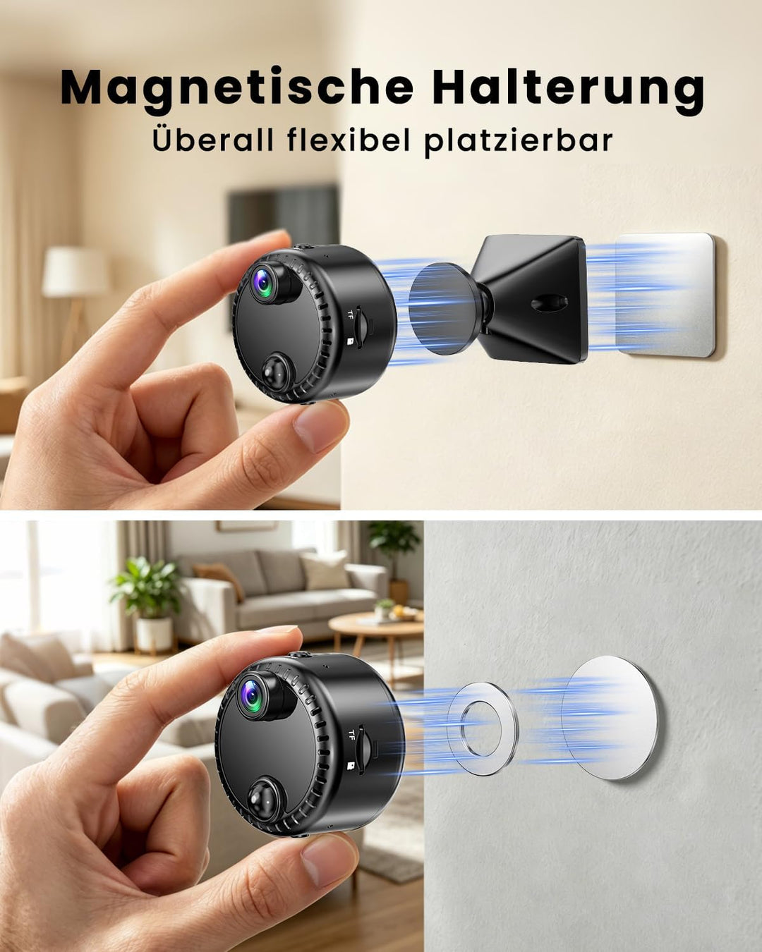 Mini Kamera 4K WLAN Überwachungskamera innen kabellos mit Akku, 2,4/5 GHz WiFi, Live-Übertragung auf