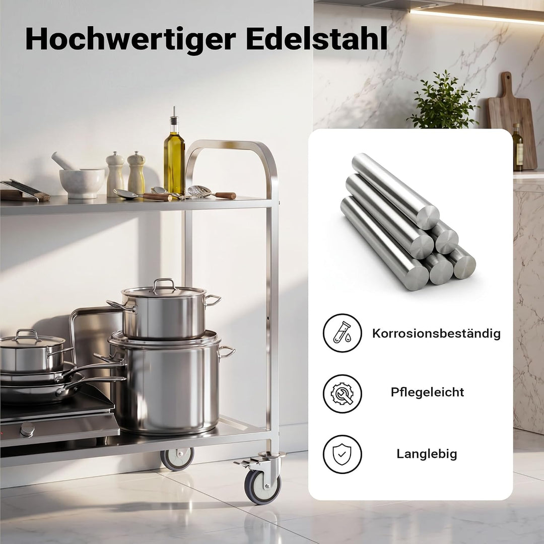 Wiltec Edelstahl Servierwagen 2 Etagen bis 150kg Küchenwagen Rollwagen Leichtlaufräder mit Bremsen,