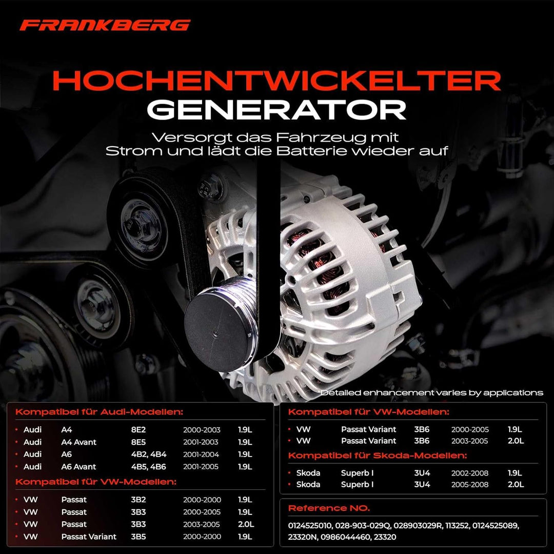 Frankberg Lichtmaschine Generator 140A Kompatibel mit A4 8E2 1.9 TDI 2001-2003 A6 4B2 1.9 TDI 2001-2