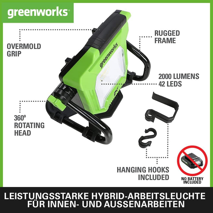 Greenworks G24WL Akku Arbeitsleuchte mit Haken zum Aufhängen, AC/DC-Hybrid, AC-Netzkabel oder tragba