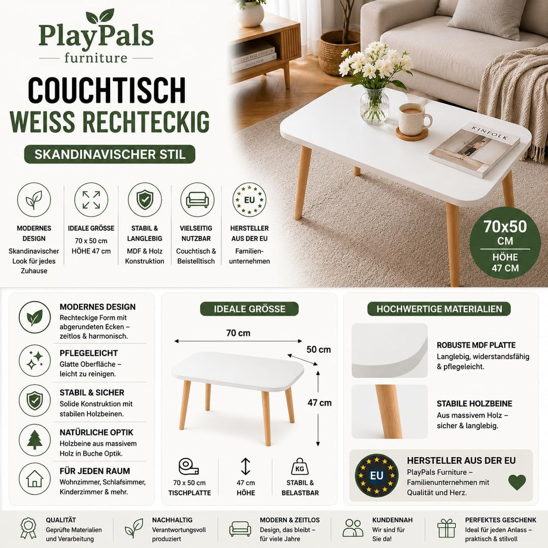PlayPals Couchtisch Weiss Rechteckig 70x50 cm – Skandinavischer Wohnzimmertisch Holzbeine, Sofatisch