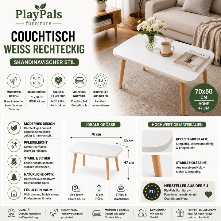 PlayPals Couchtisch Weiss Rechteckig 70x50 cm – Skandinavischer Wohnzimmertisch Holzbeine, Sofatisch
