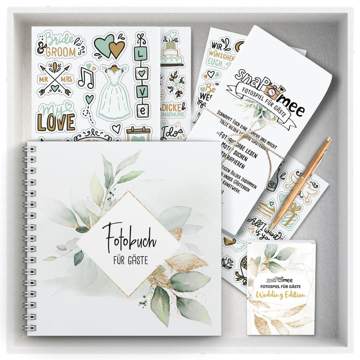 Fotospiel Hochzeit Set by snaPmee - 50+4 Fotoaufgaben, Fotobuch (Hardcover) mit Stift, 133 Sticker,