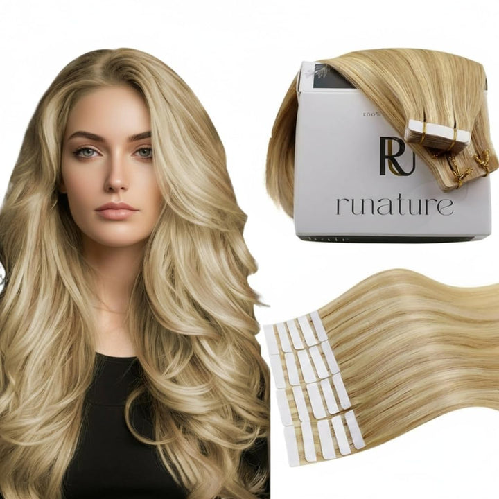RUNATURE Tape in Extensions Echthaar Blond Highlights 55cm Tape Extensions Echthaar Goldblond Mit He