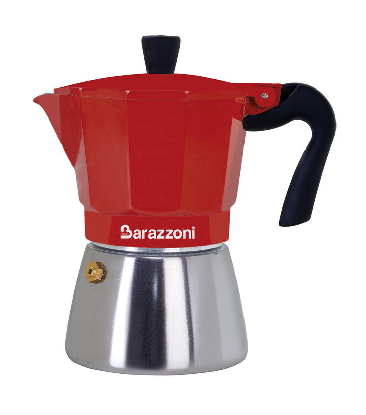 BARAZZONI, Espressokocher, Aluminium und Stahl, Modell Hybrid rot, 3 Tassen, sicher, stabil, elegant