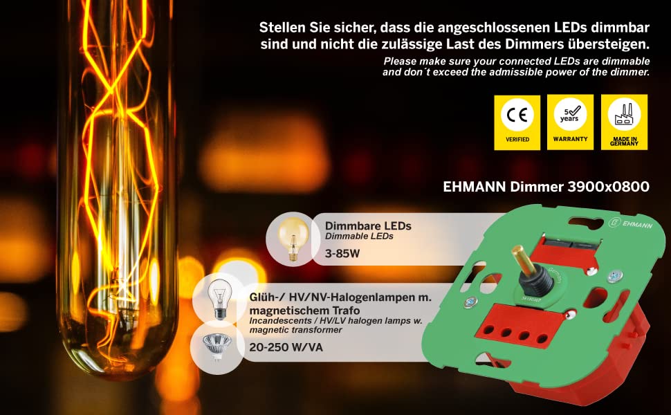 EHMANN 3900x0800 T39.08 Unterputz-Dimmer, Phasenanschnitt, 230 V, 50 Hz, Leistung: LED 3-85 W, 20-25