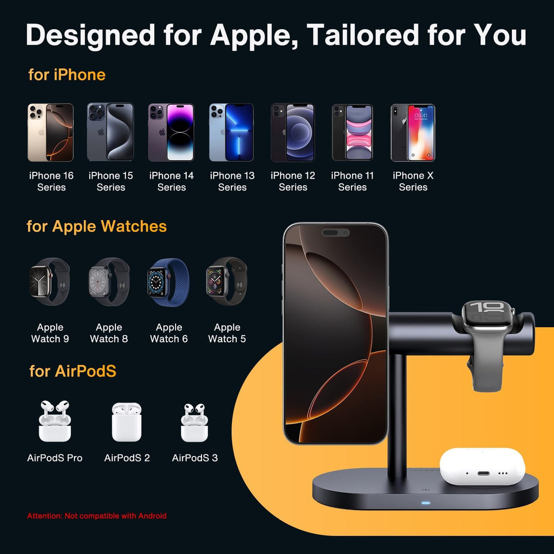 iVANKY 4 in 1 Qi2 zertifizierter kabelloser Ladeständer für iPhone 17 Air, Nachtlicht für MagSafe In