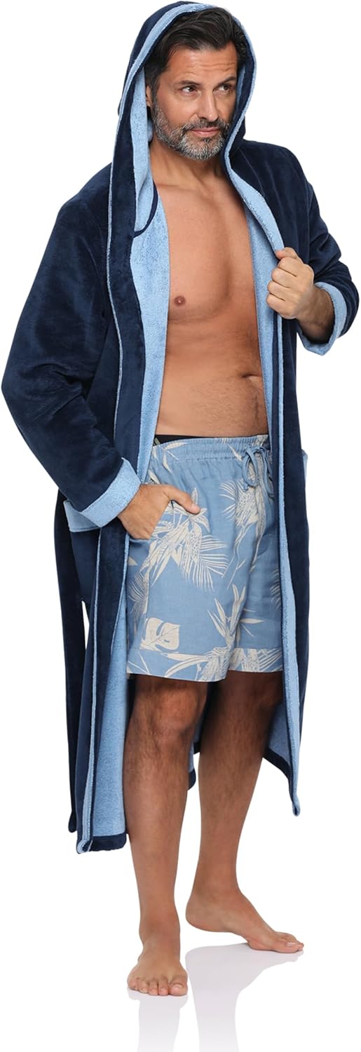 REVISE Herren Bademantel RE-855 - mit Bambus faser - mit Kapuze - Saunamantel S Dunkelblau mit Blau