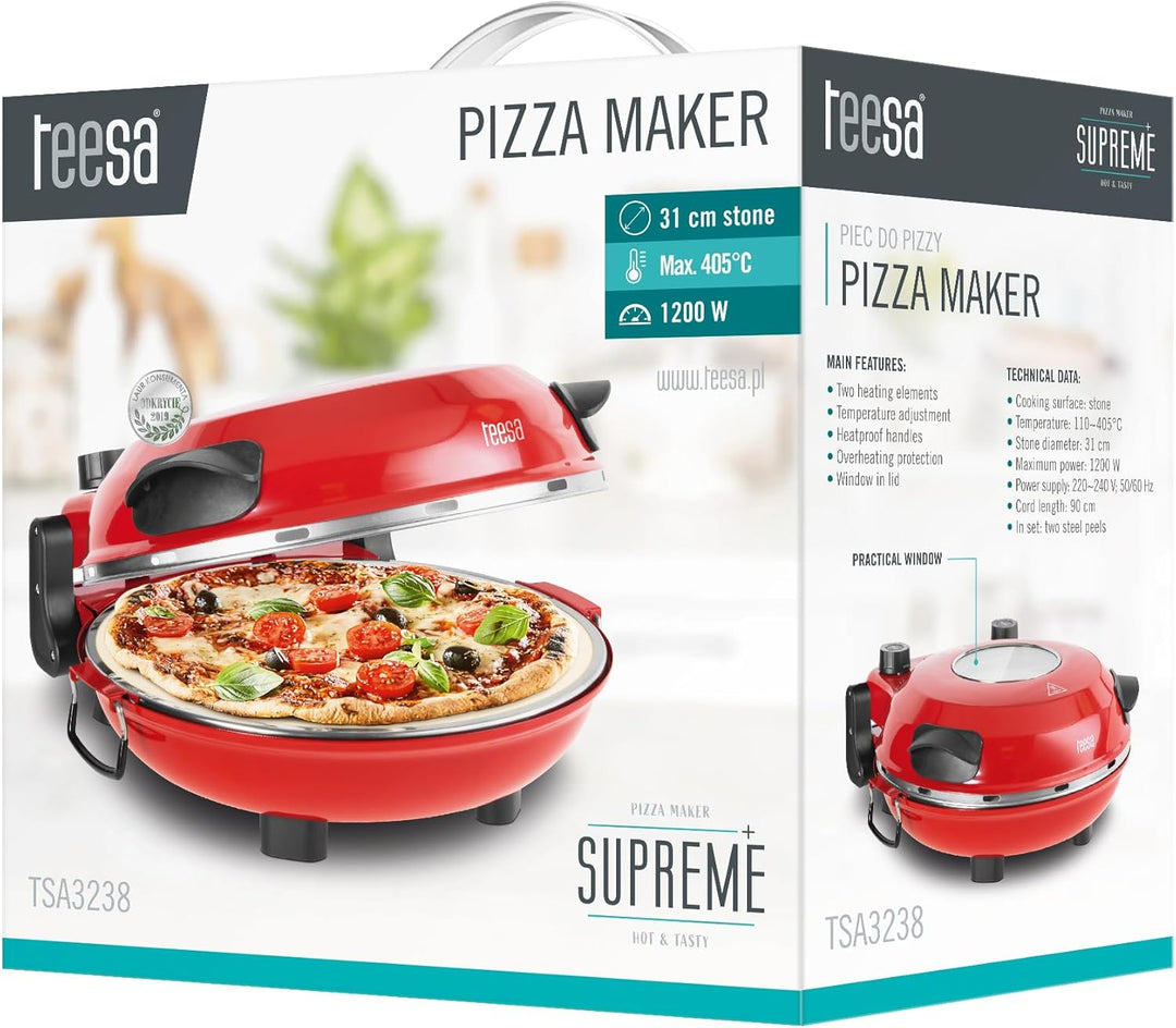 Teesa Supreme+ Pizzaofen, 405 °C, 1200 W, Sichtfenster der Klinge abnehmbar, Stein, Temperaturkontro