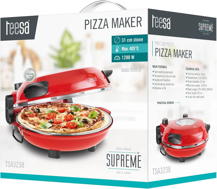 Teesa Supreme+ Pizzaofen, 405 °C, 1200 W, Sichtfenster der Klinge abnehmbar, Stein, Temperaturkontro