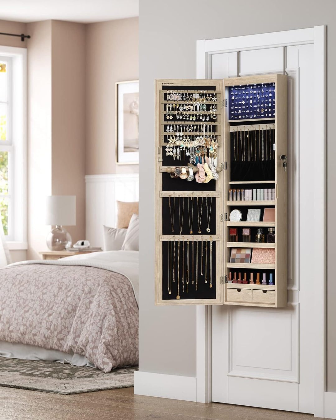 SONGMICS Schmuckschrank, Wand-Aufbewahrungsmöbel für Halsketten, Ohrringe, Zubehörschrank, mit Spieg