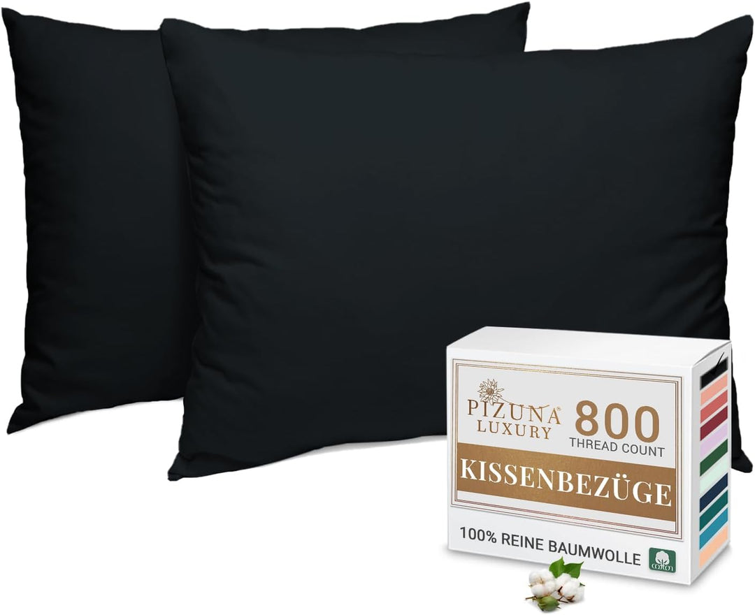 Pizuna Luxuriöser Soft-Satin 2er Pack Kissenbezug 70 x 90 cm Schwarz, 800 Fadenzahl Baumwolle Kissen