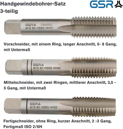 PROFI Gewindebohrer M16 Satz HSSG 3 teilig, Gewindeschneider | Vor-, Mittel- und Fertigschneider | H