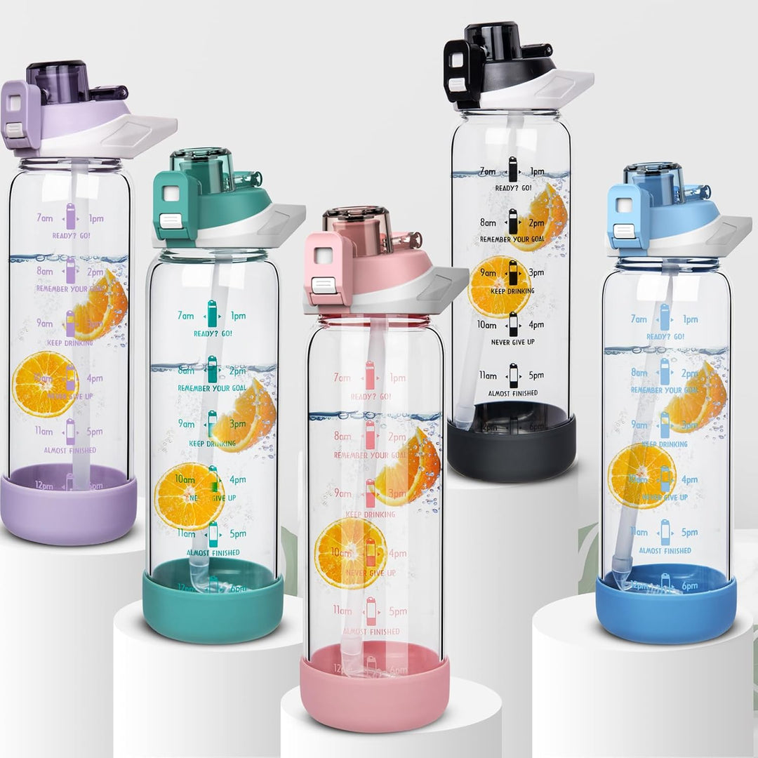 Seekua 0.8l Sport Trinkflasche Glas Flasche mit Strohhalm &amp; Zeitmarkierung 800ml auslaufsicher bpa f
