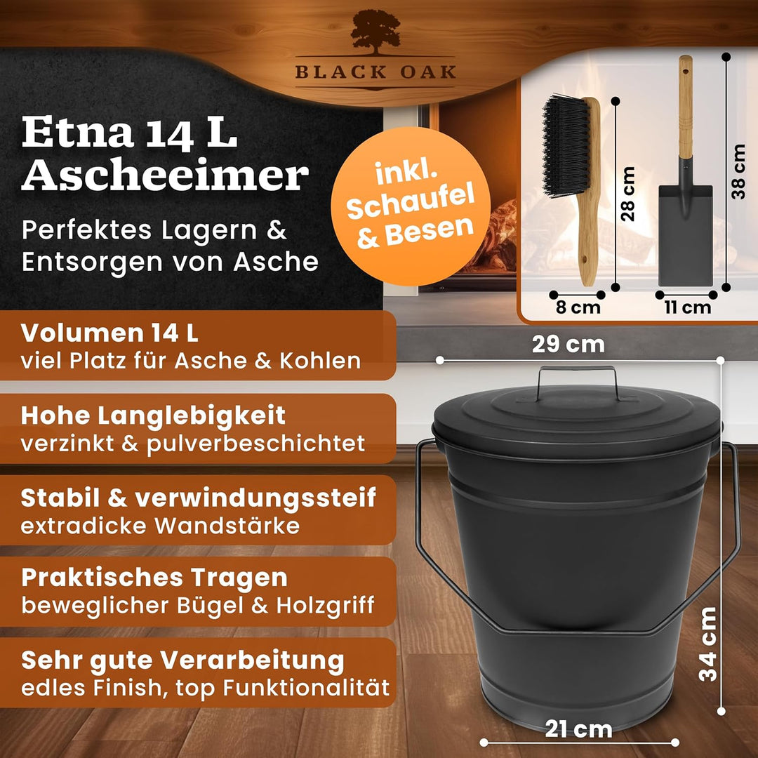 BLACK OAK Ascheeimer Etna 14L – Set Schaufel & Besen schwarz rund mit Deckel gross 14 Liter Stahl fe