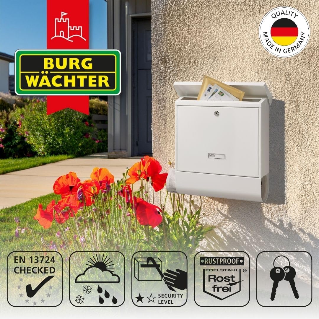 BURG-WÄCHTER Briefkasten mit Zeitungsfach und Namensschild, Verzinkter Stahl, Einwurf-Format DIN C4,