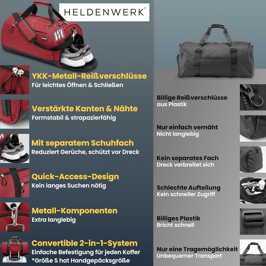 Heldenwerk® Sporttasche & Reisetasche für Damen und Herren klein I Trainingstasche mit Schuhfach und